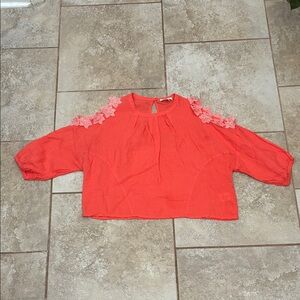 Women's Coral Blouse with Floral Accents
